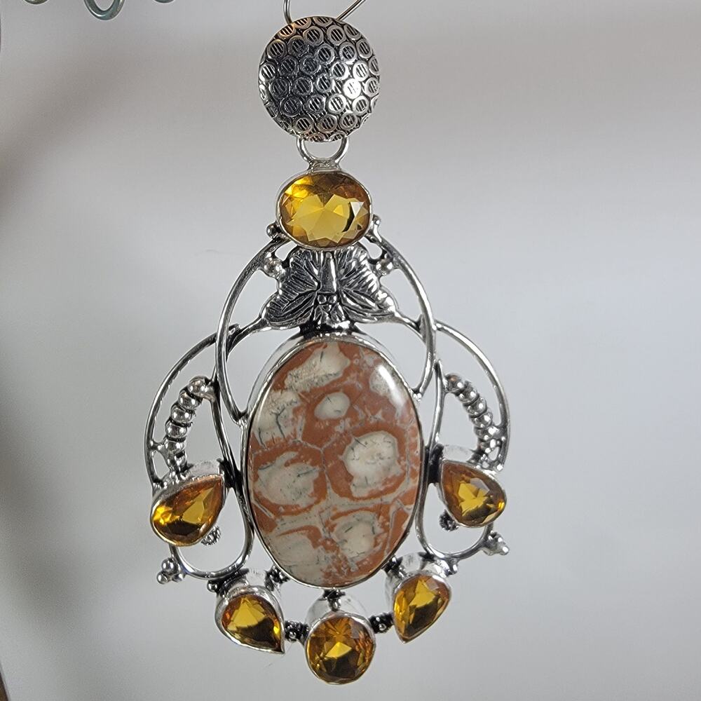 Leopard Jasper Pendant Necklace – With Citrine Accents + 20" Silver Chain